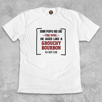 GROUCHY BOURBON.™ – Distilled Disapproval Since 1978 Rusty flask included. Vibes sold separately.