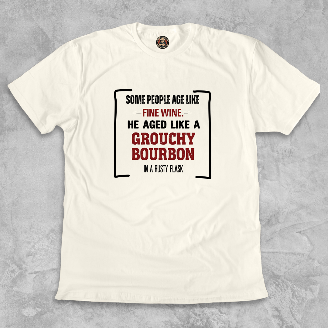 GROUCHY BOURBON.™ – Distilled Disapproval Since 1978 Rusty flask included. Vibes sold separately.