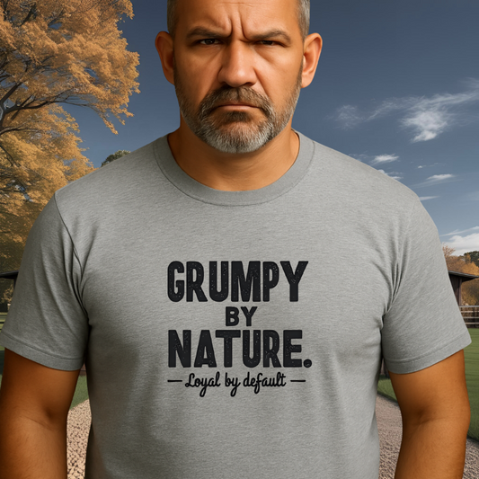 Grumpy by Nature tee in Athletic Heather – model with arms crossed
