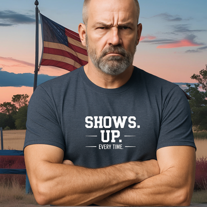 SHOWS UP.™ tee – Heather Navy model mockup with bold type