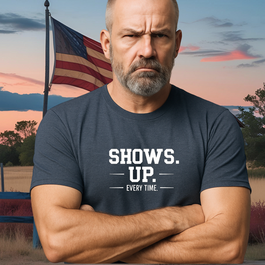SHOWS UP.™ tee – Heather Navy model mockup with bold type