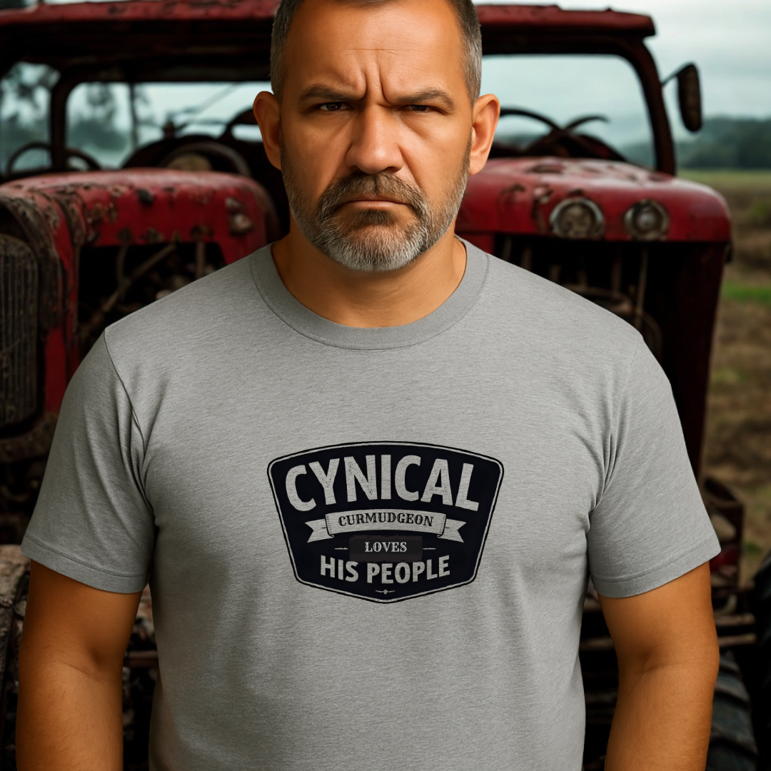 Grumpy man in Cynical Curmudgeon tee with “Loves His People” graphic