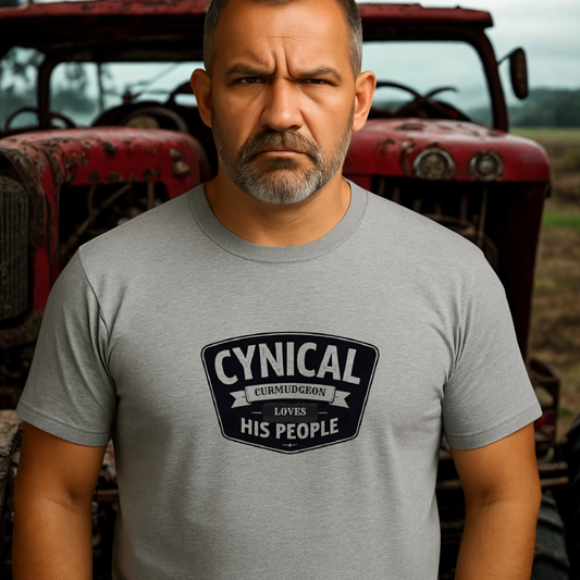 Grumpy man in Cynical Curmudgeon tee with “Loves His People” graphic