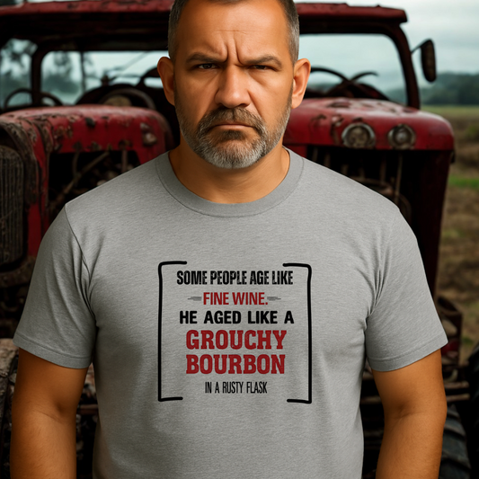GROUCHY BOURBON.™ – Distilled Disapproval Since 1978 Rusty flask included. Vibes sold separately.